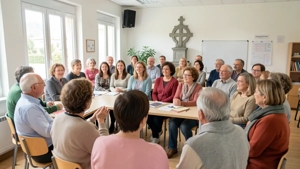 Imagen de un aula moderna en Galicia con personas diversas aprendiendo sobre la cultura gallega.