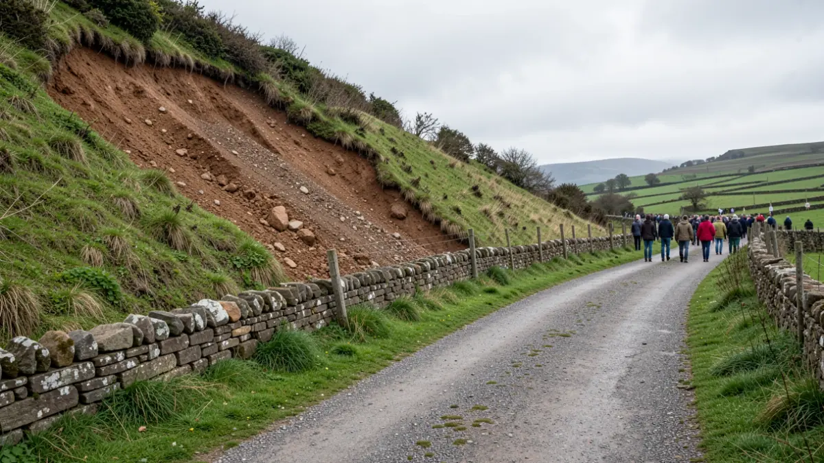 Imagen de un tramo del Camino de Santiago afectado por un desprendimiento de tierra.