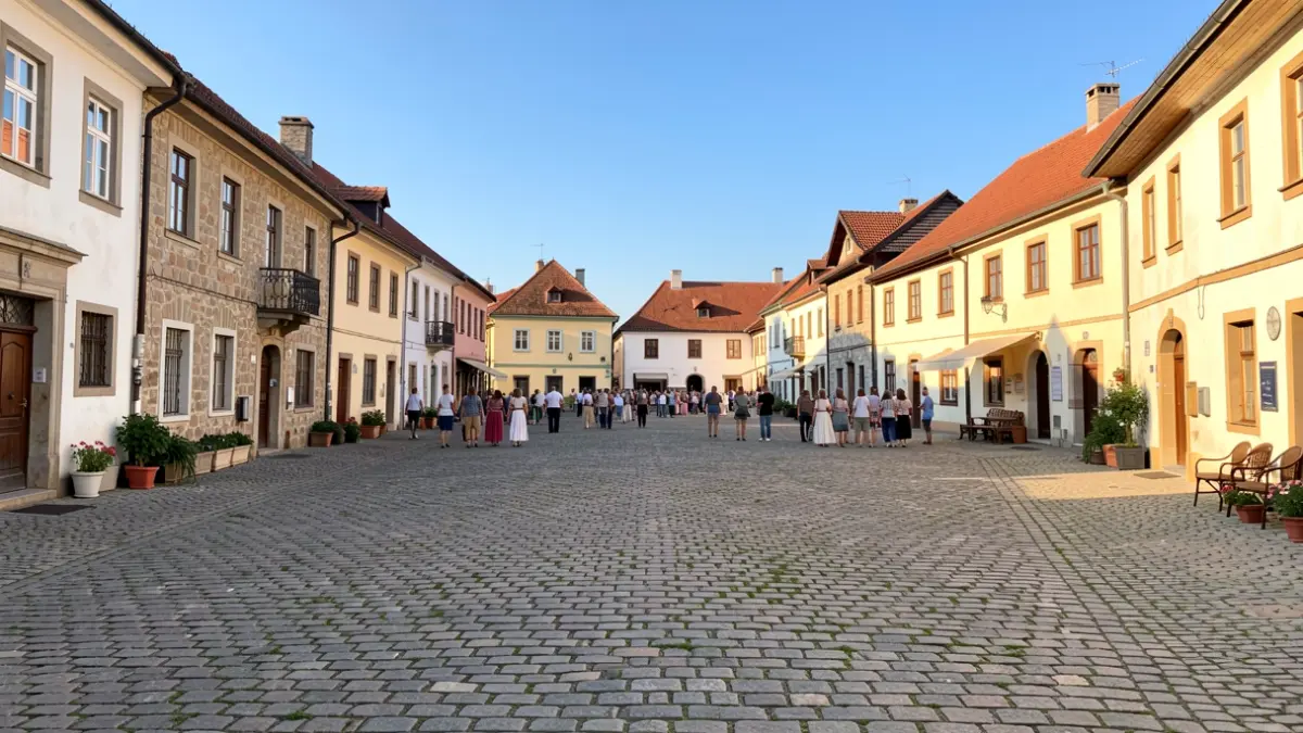 Imaxe xenérica dunha praza nunha vila galega nun día de verán soleado.