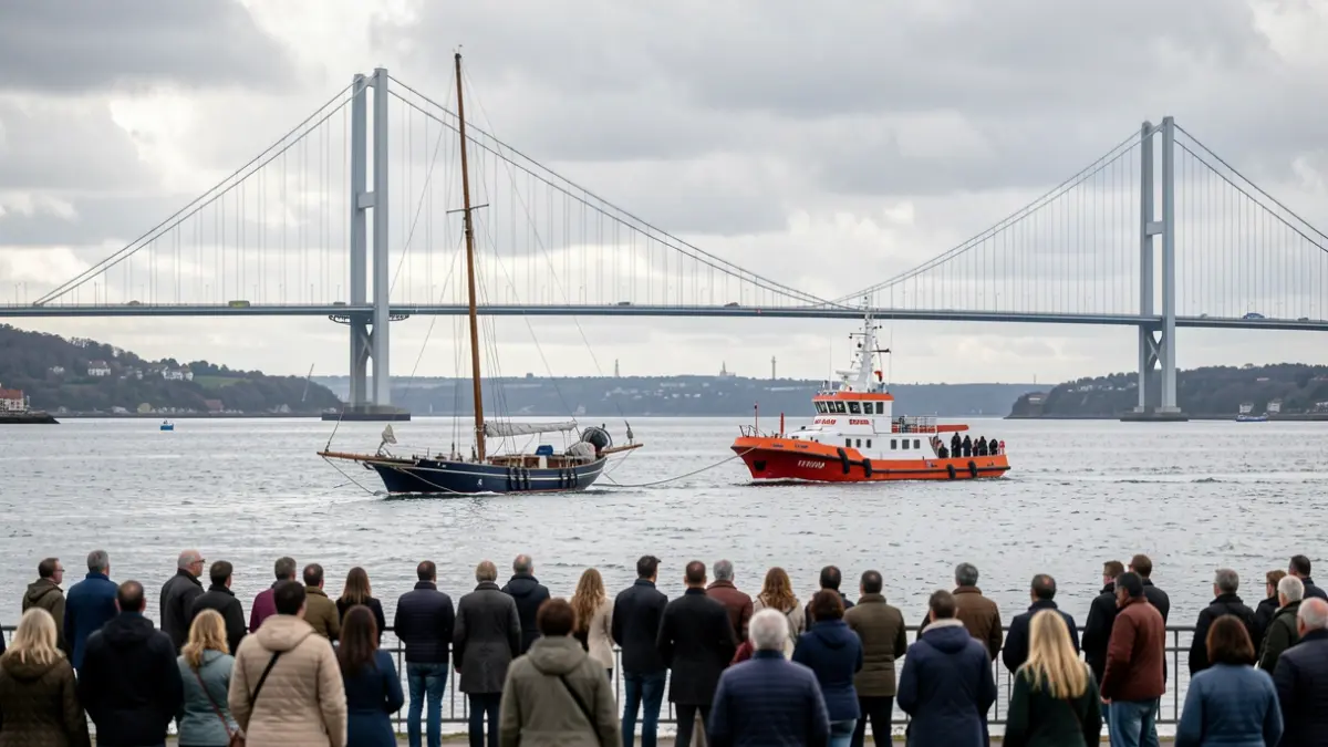 Imaxe dun veleiro á deriva sendo remolcado cara a Moaña, coa ponte de Rande de fondo.