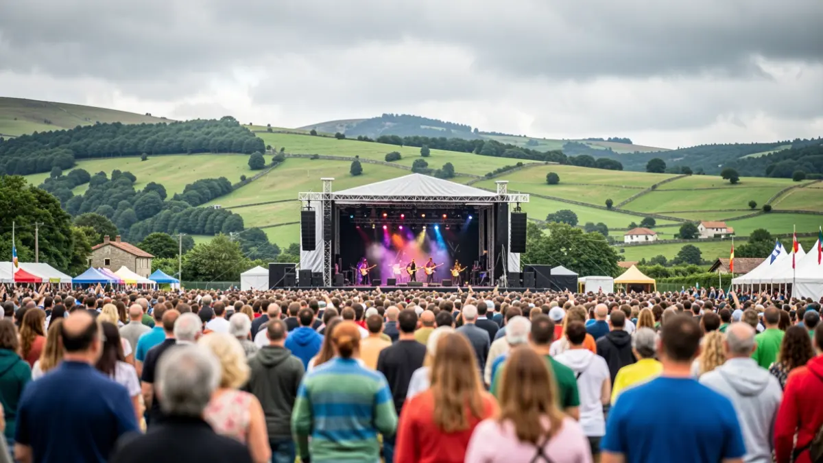 Imaxe dun festival de música ao aire libre en Galicia, cun escenario e o fondo de outeiros verdes.