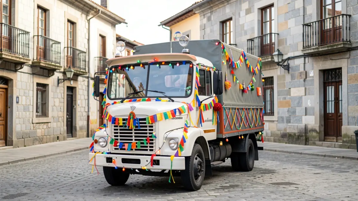 Camión decorado nas rúas de Verín durante a festa de San Cristovo.