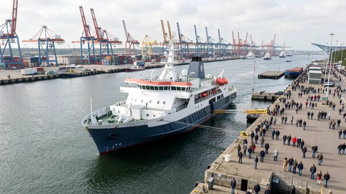 Vista aérea de un buque escuela atracado en el puerto de Vigo.