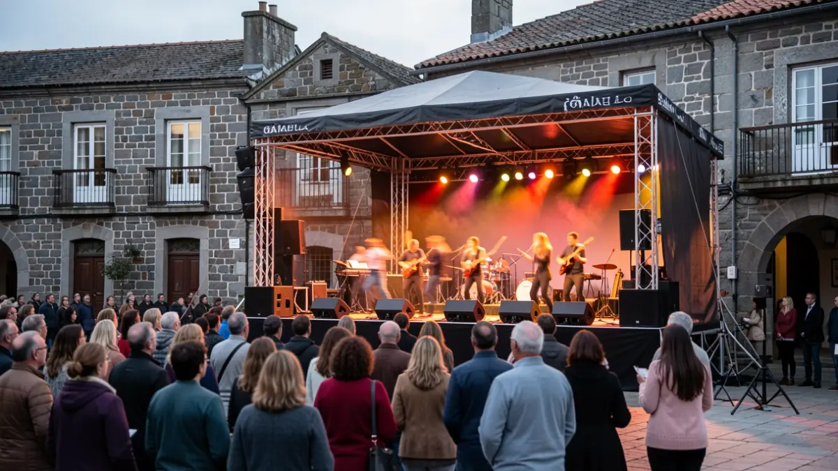 Imagen genérica de un escenario al aire libre en una plaza gallega con arquitectura de granito.