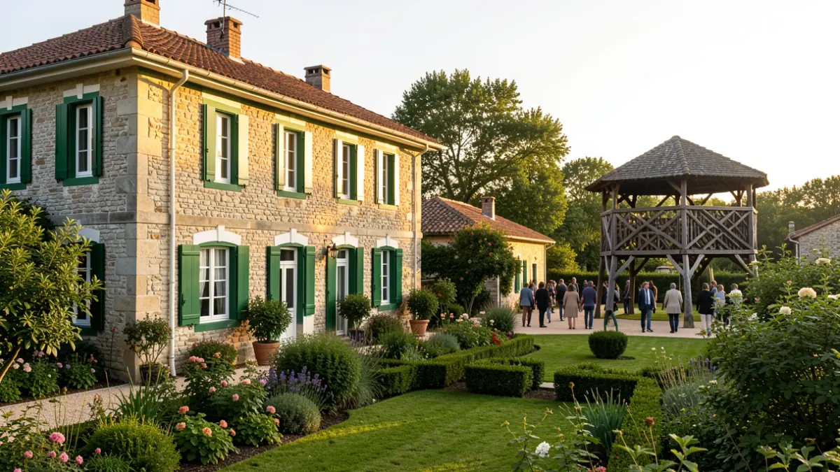 Fachada de una villa de piedra con detalles en verde y blanco y jardines.