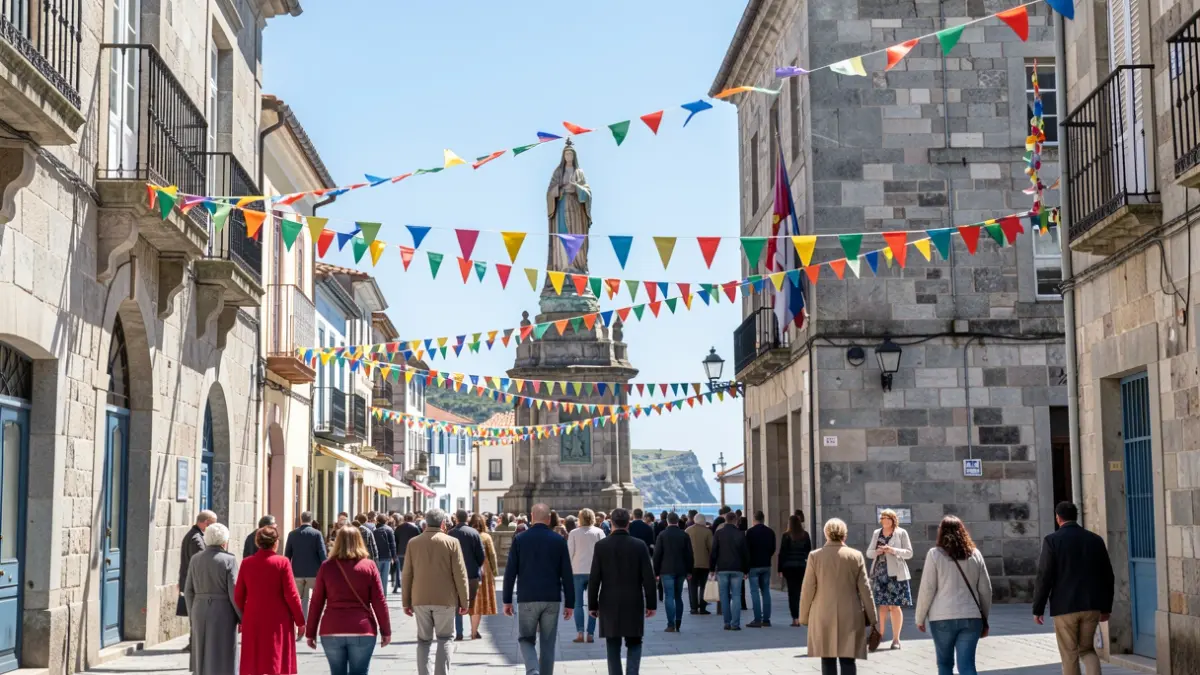 Imaxe xenérica dunha praza costeira galega decorada para unha festa local.