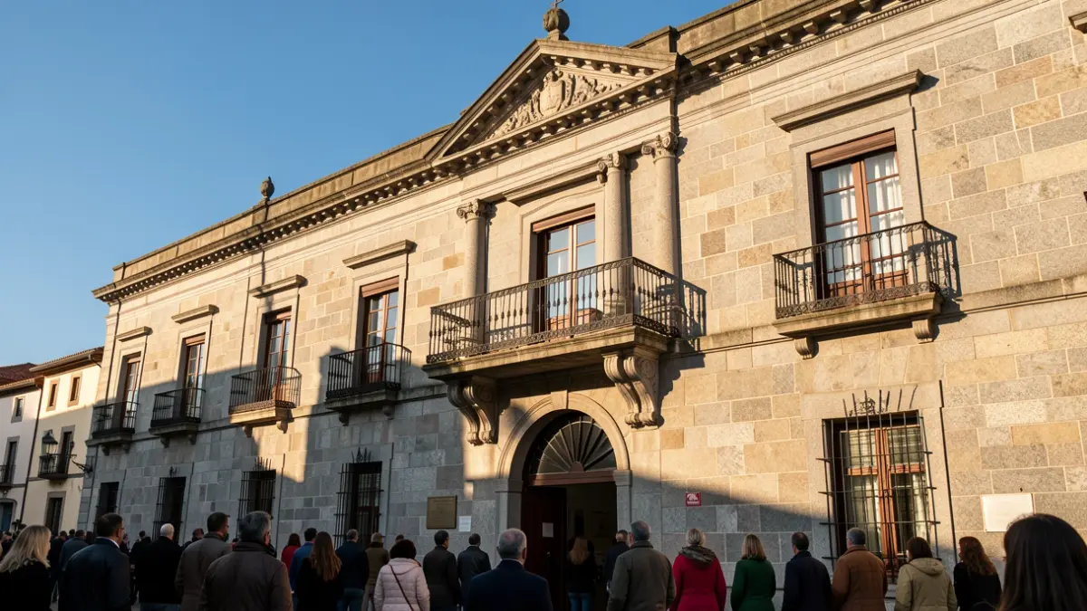 Imagen genérica de un ayuntamiento gallego de granito con balcón y barandillas de hierro, a la luz del sol de la tarde.