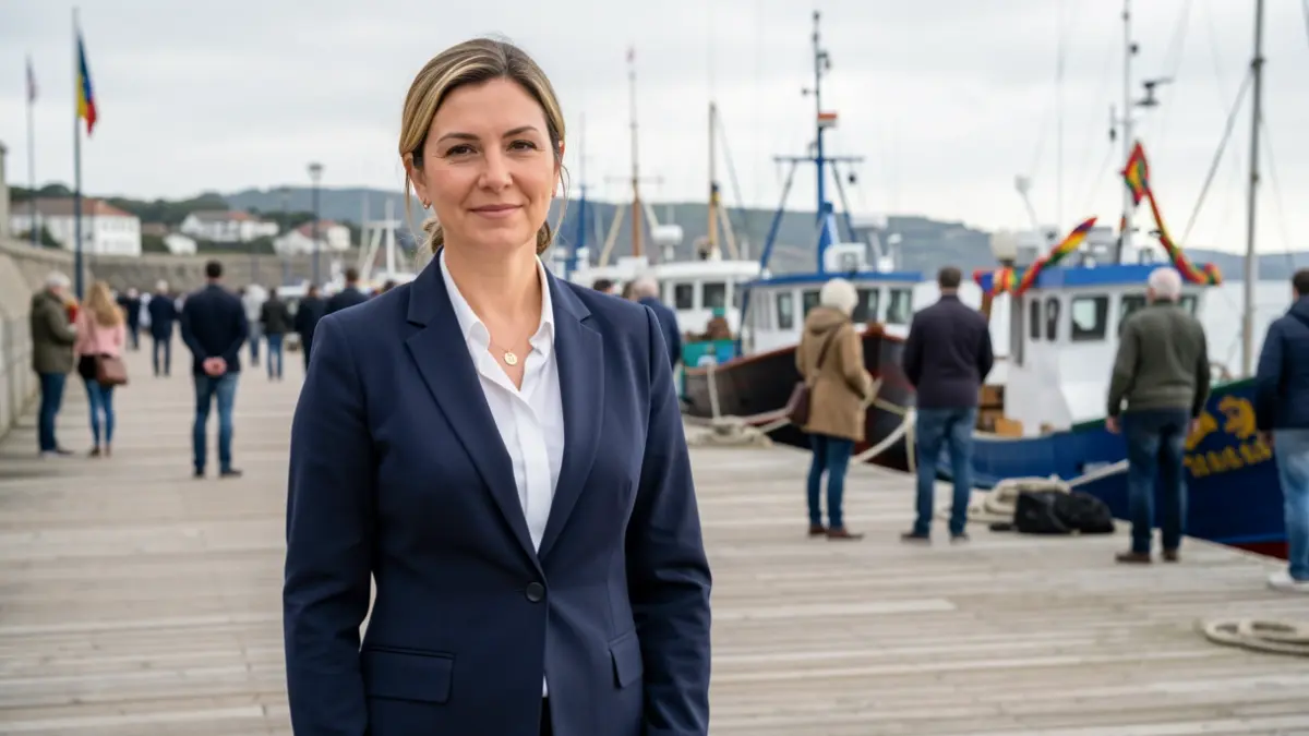 Imagen genérica de una mujer con traje formal, representando a una funcionaria del gobierno regional, en un muelle decorado con barcos de pesca.