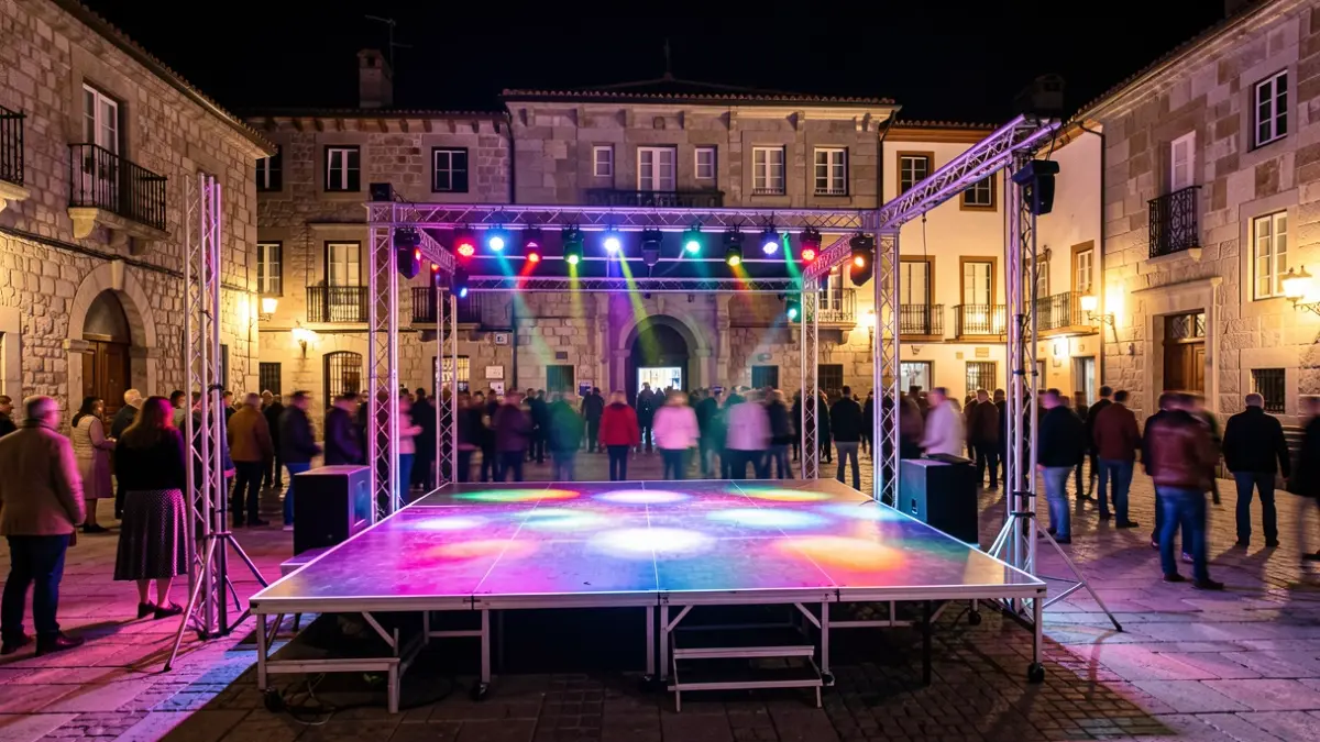 Imaxe xenérica dun escenario festivo pola noite nunha praza galega con xente ao fondo.