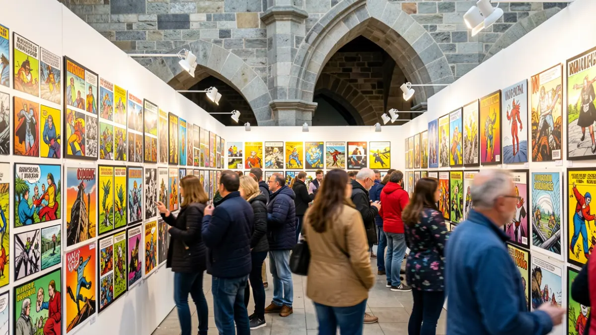 Imaxe xenérica dun festival de cómic vibrante en Galicia, con obras de arte expostas e asistentes admirando a arte.