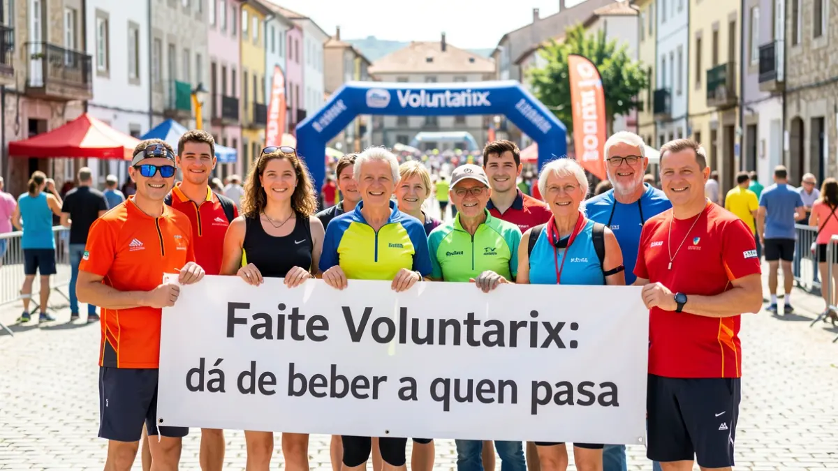 Imaxe xenérica de voluntarios sorrindo cunha pancarta nunha praza de Pontevedra.