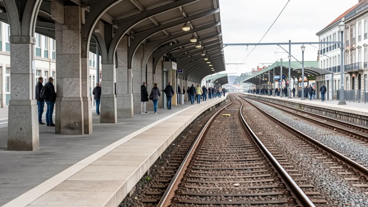 Imagen de una estación de tren vacía en A Coruña con vías que se pierden a la distancia.