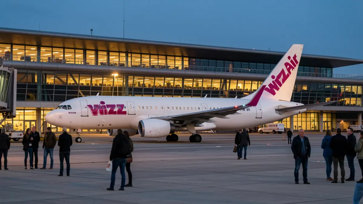 Imaxe dun avión de Wizz Air nun aeroporto ao anoitecer.