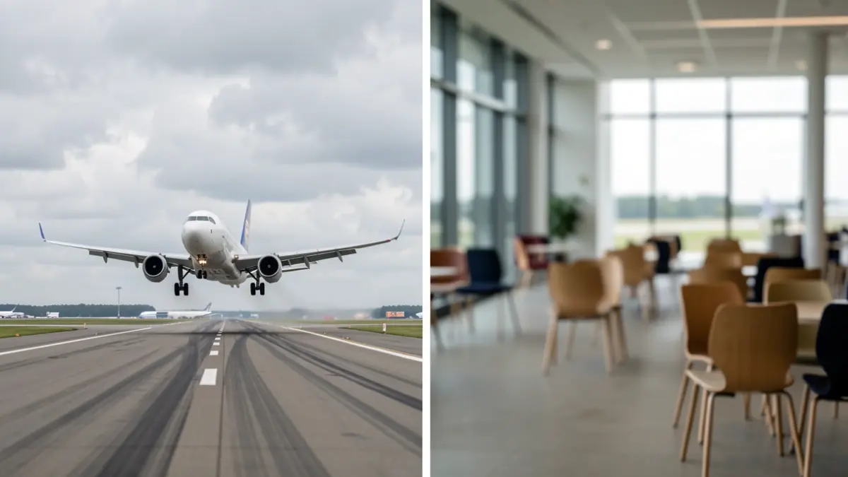 Imaxe dividida dun avión despegando e o interior dunha terminal baleira, simbolizando oportunidades perdidas.