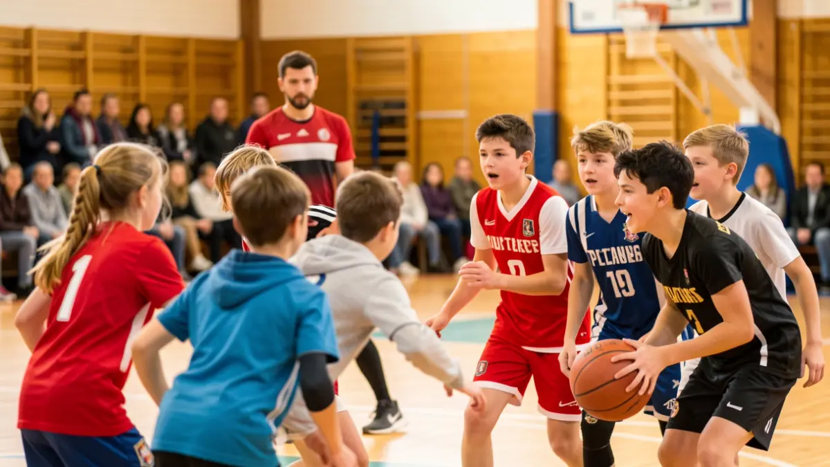 Imaxe dun grupo de mozos e mozas participando nun adestramento de baloncesto nunha cancha interior.