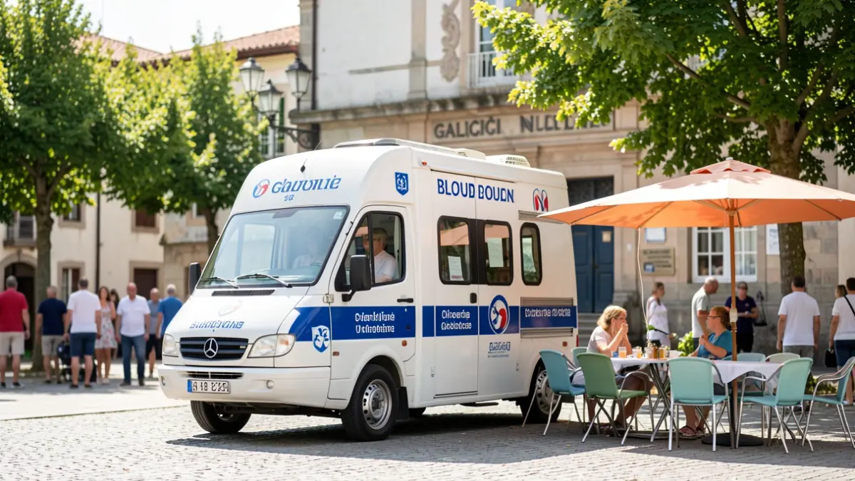 Unidad móvil de donación de sangre frente a un ayuntamiento gallego con terraza de verano.