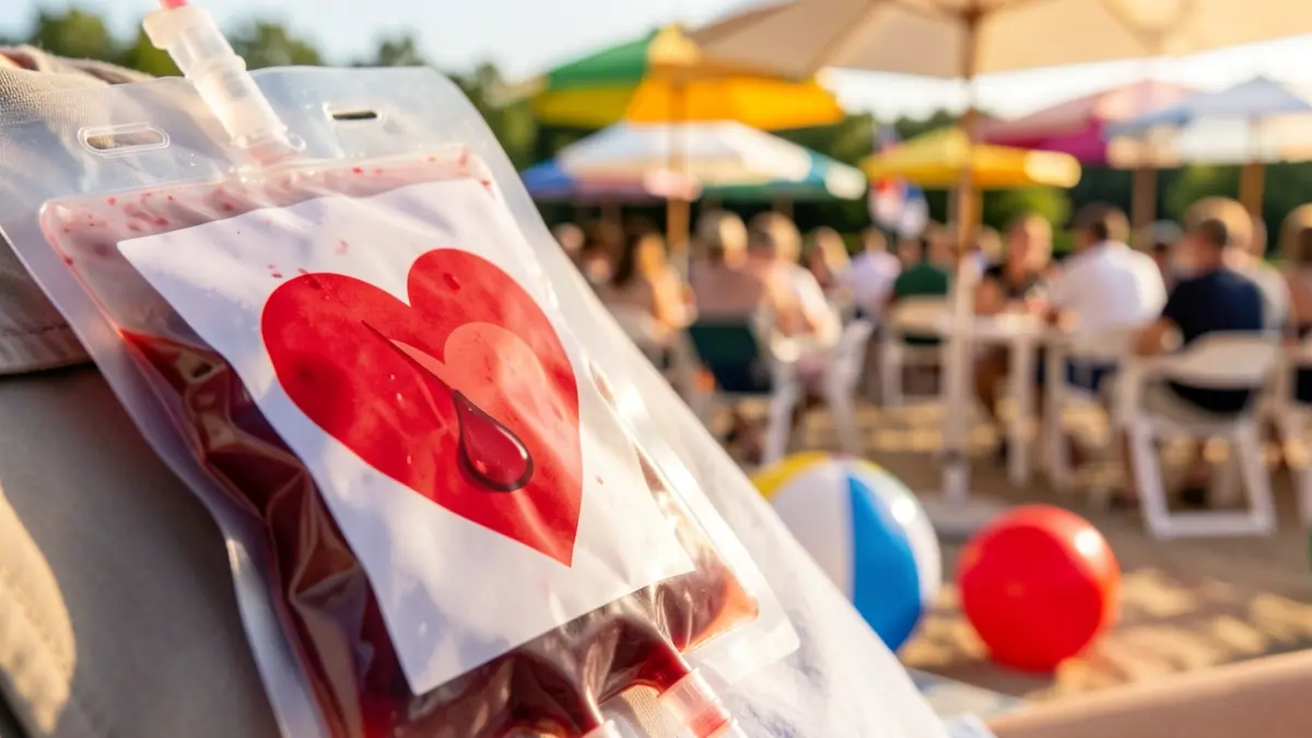 Bolsa de doazón de sangue cun corazón vermello e unha gota, nunha terraza de verán.