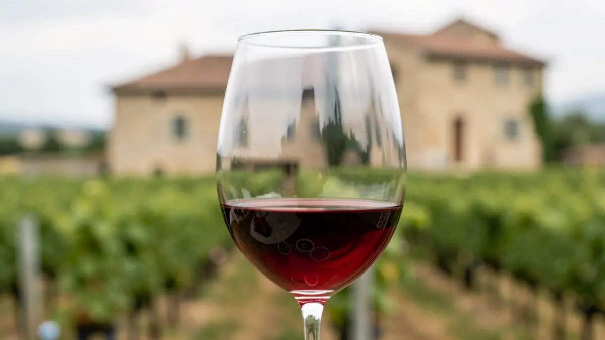Primer plano de una copa de vino tinto, con filas de viñedos y un edificio de piedra al fondo.