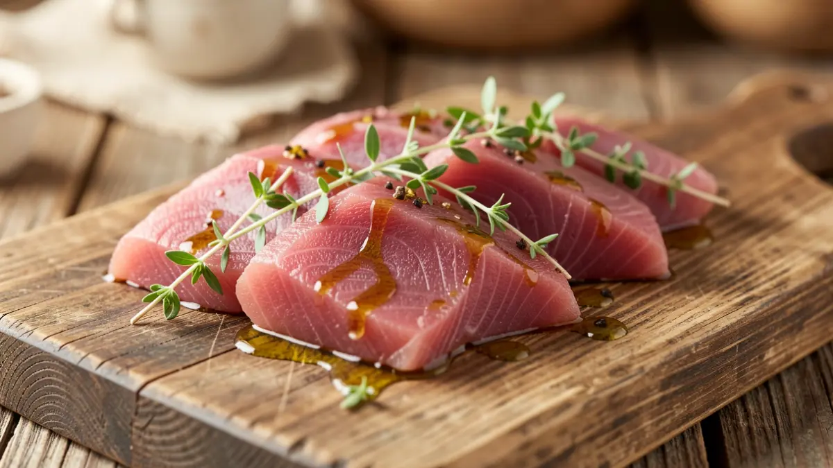 Primeiro plano de filetes de bonito fresco dispostos nunha táboa de madeira rústica.