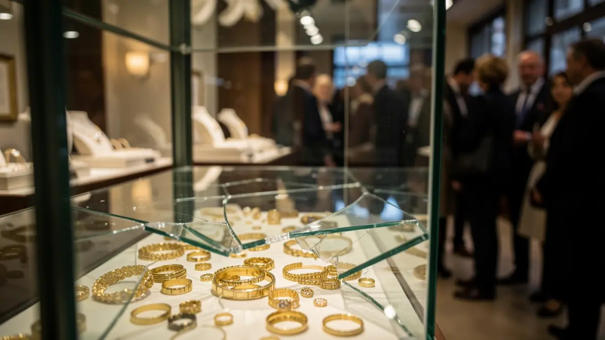 Imagen principal de un escaparate de joyería roto con joyas esparcidas.