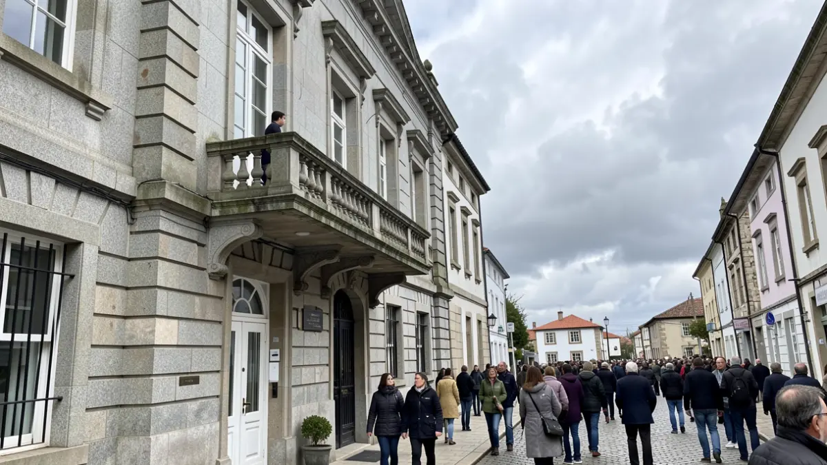 Imaxe xenérica dun edificio institucional galego con balcón de granito.