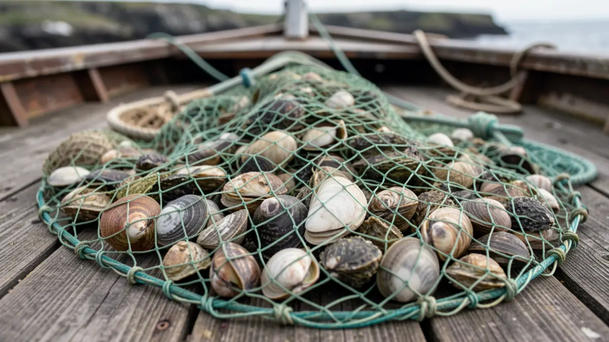 Primeira plana dunha rede de pesca con mariscos variados sobre a cuberta dunha embarcación de madeira.