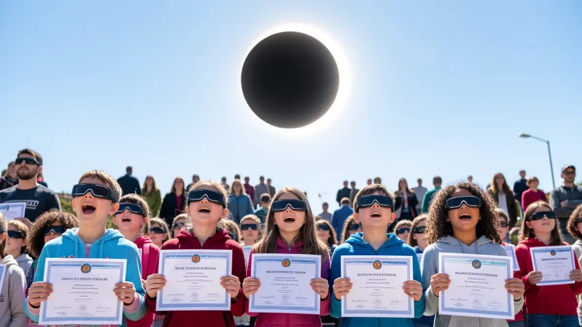 Imagen genérica de estudiantes gallegos con gafas de eclipse y diplomas.