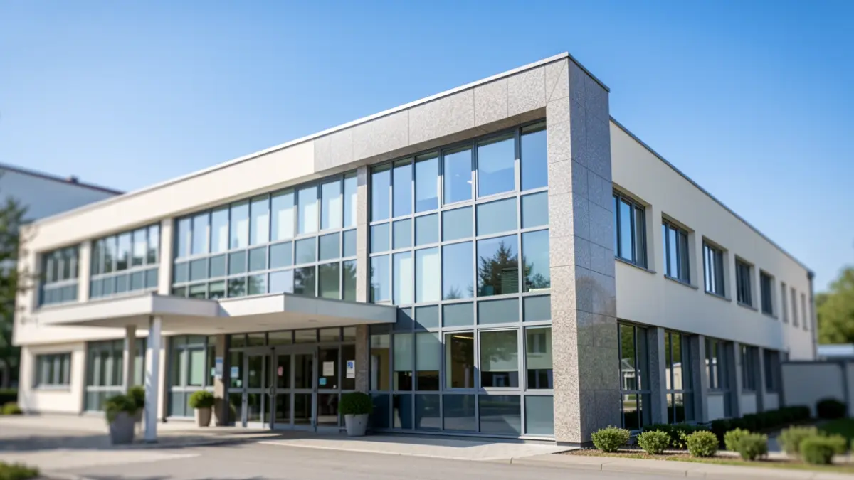 Imaxe xenérica dunha ala de hospital moderna con ventás grandes e detalles de granito.