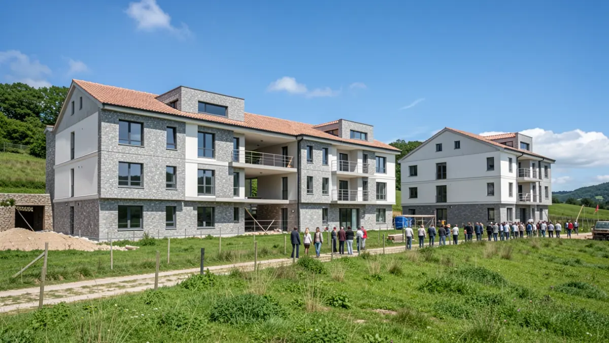 Imaxe xenérica de edificios de vivendas de promoción pública en construción en Galicia.