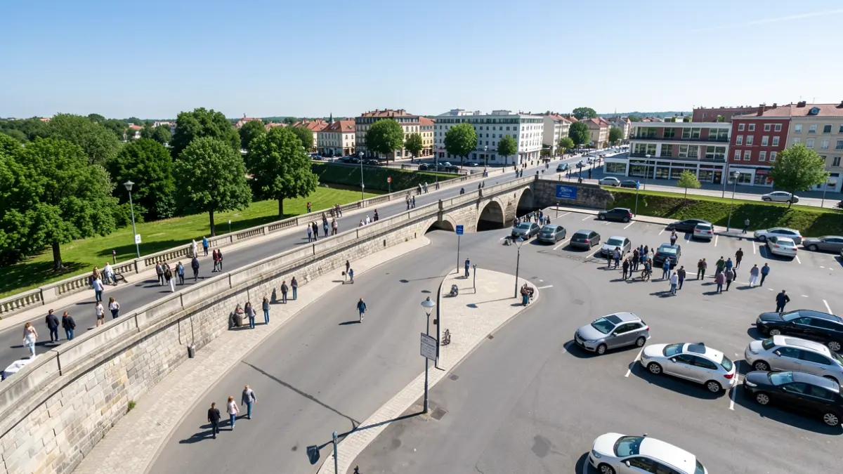 Vista aérea de un aparcamiento público en el entorno del Puente de la Barca, en Poio, tras las obras de mejora.