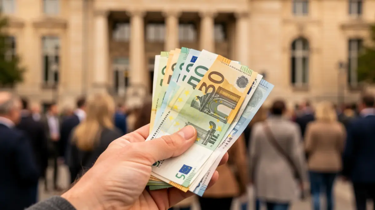 Primer plano de una mano sosteniendo billetes de euro, con edificios institucionales borrosos al fondo.