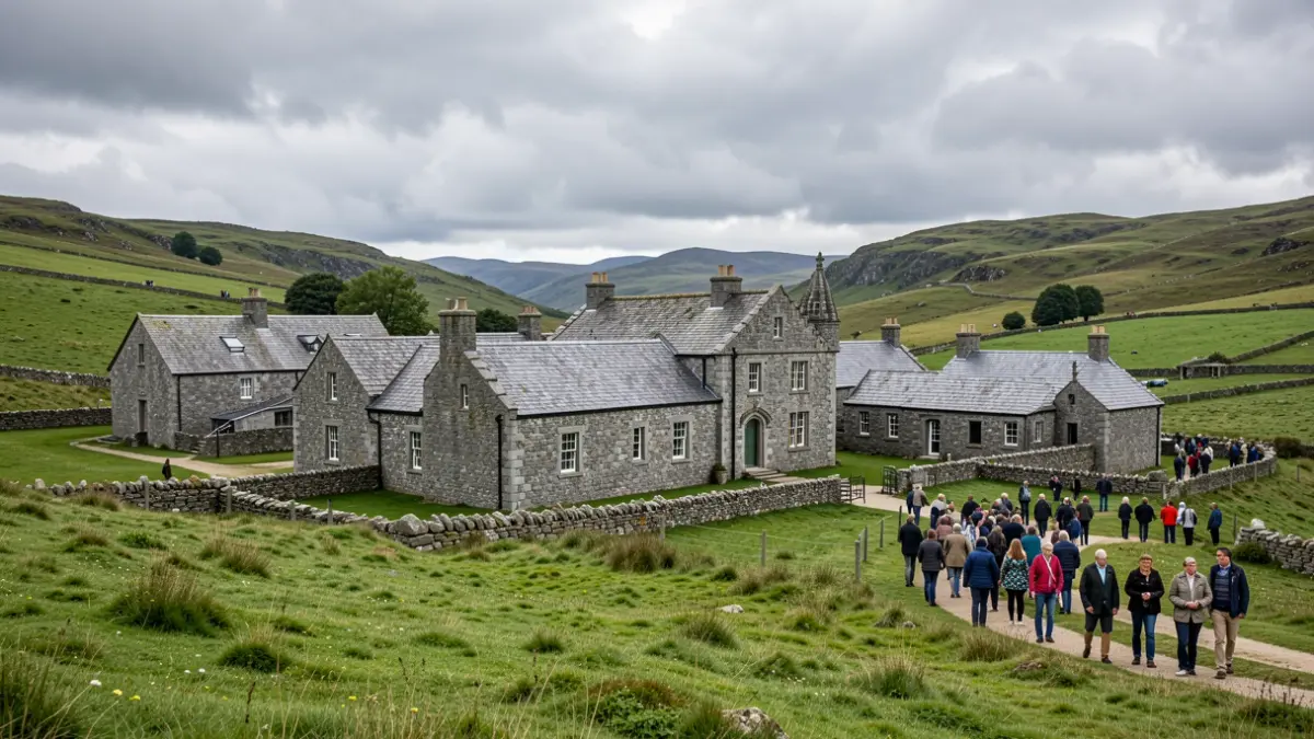 Imaxe xenérica de Galicia con arquitectura de granito e outeiros verdes baixo un ceo nubrado.