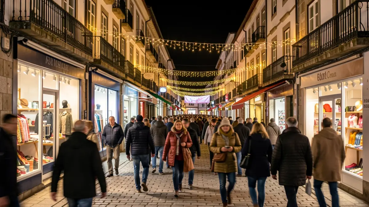 Imaxe dunha rúa de Galicia pola noite durante un evento de compras, con tendas iluminadas e xente paseando.