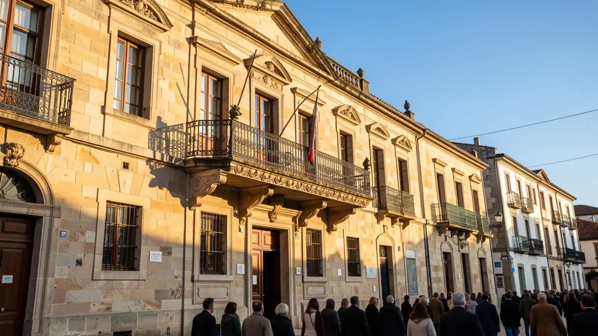 Imagen genérica de una casa consistorial de Galicia con balcón ornamentado y rejas de hierro, cálida luz solar de la tarde proyectando sombras en las paredes de arenito, cielo azul.