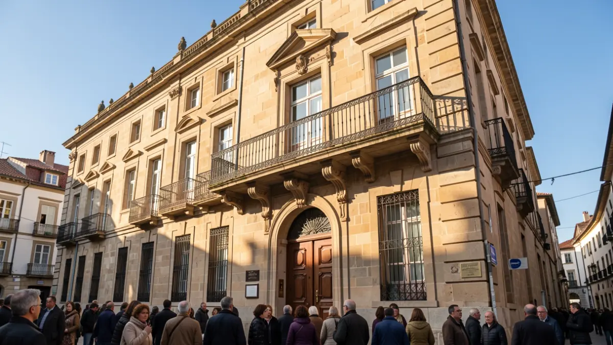 Imagen genérica de un ayuntamiento gallego de piedra con balcón ornamentado.