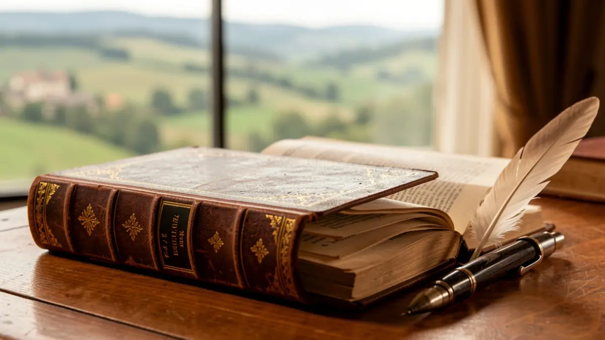 Imagen de un libro antiguo abierto con una pluma a su lado, con un paisaje gallego difuminado al fondo.