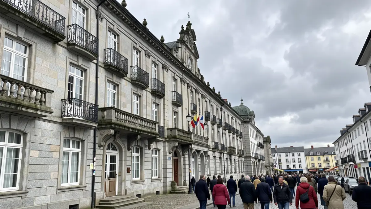 Imaxe xenérica da sede da Xunta de Galicia, con arquitectura de granito e balcóns ornamentados.