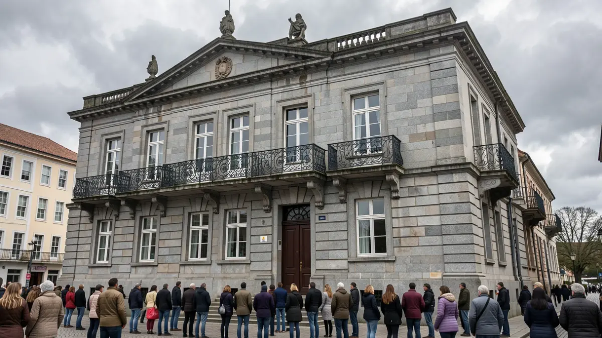 Imaxe xenérica dunha casa consistorial galega de granito con balcóns de ferro.