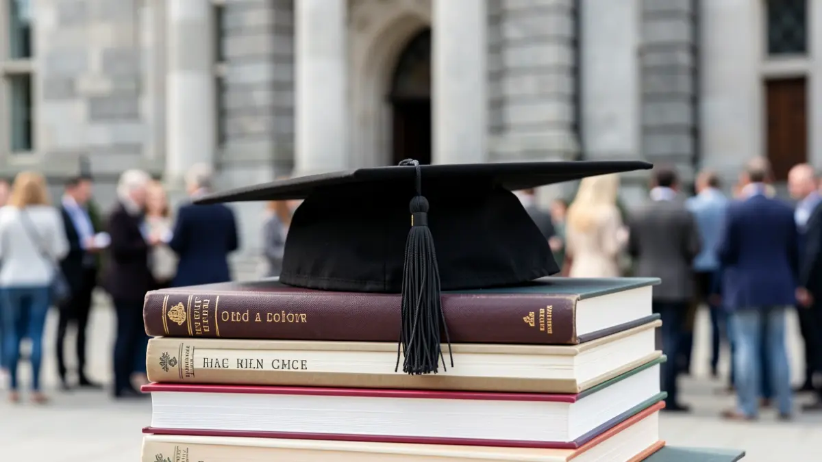 Imagen de un birrete de graduación sobre libros, con un edificio universitario de granito al fondo.