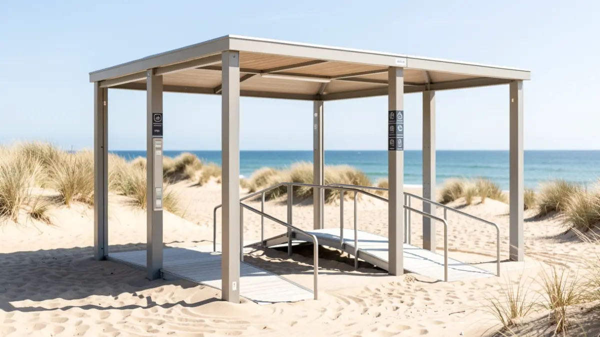 Imagen de un refugio de playa moderno y accesible con rampas y señalización táctil.