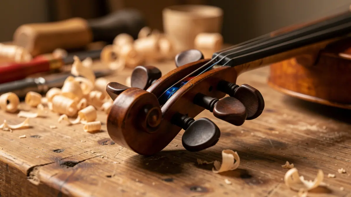Primeiro plano dun violín ou violonchelo sobre unha mesa de traballo con ferramentas desenfocadas.