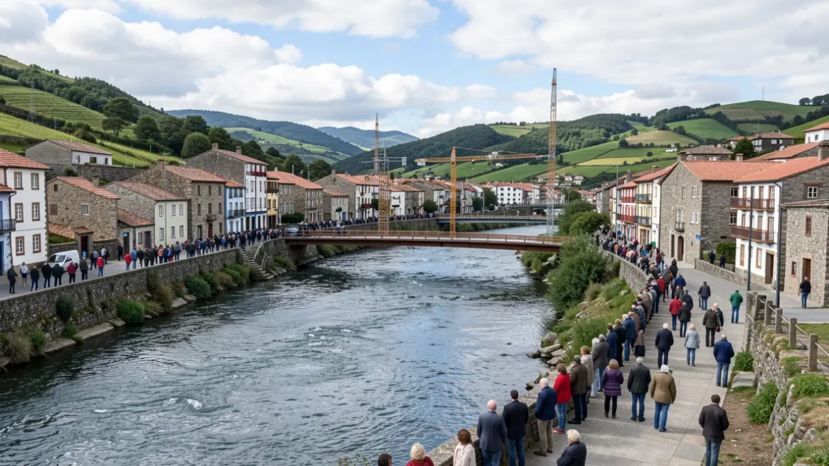 Imaxe xenérica dun río atravesando unha vila galega con obras dunha ponte nova.