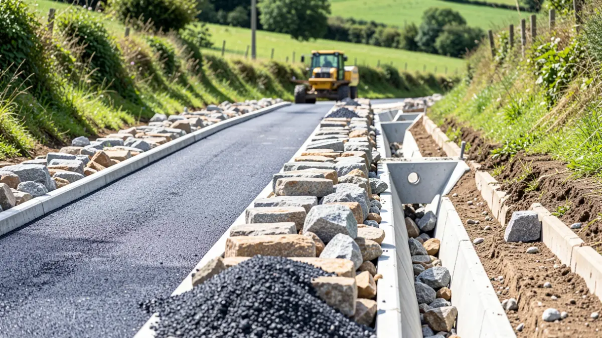 Imaxe xenérica de obras nun camiño rural galego con vexetación e pedra de granito.