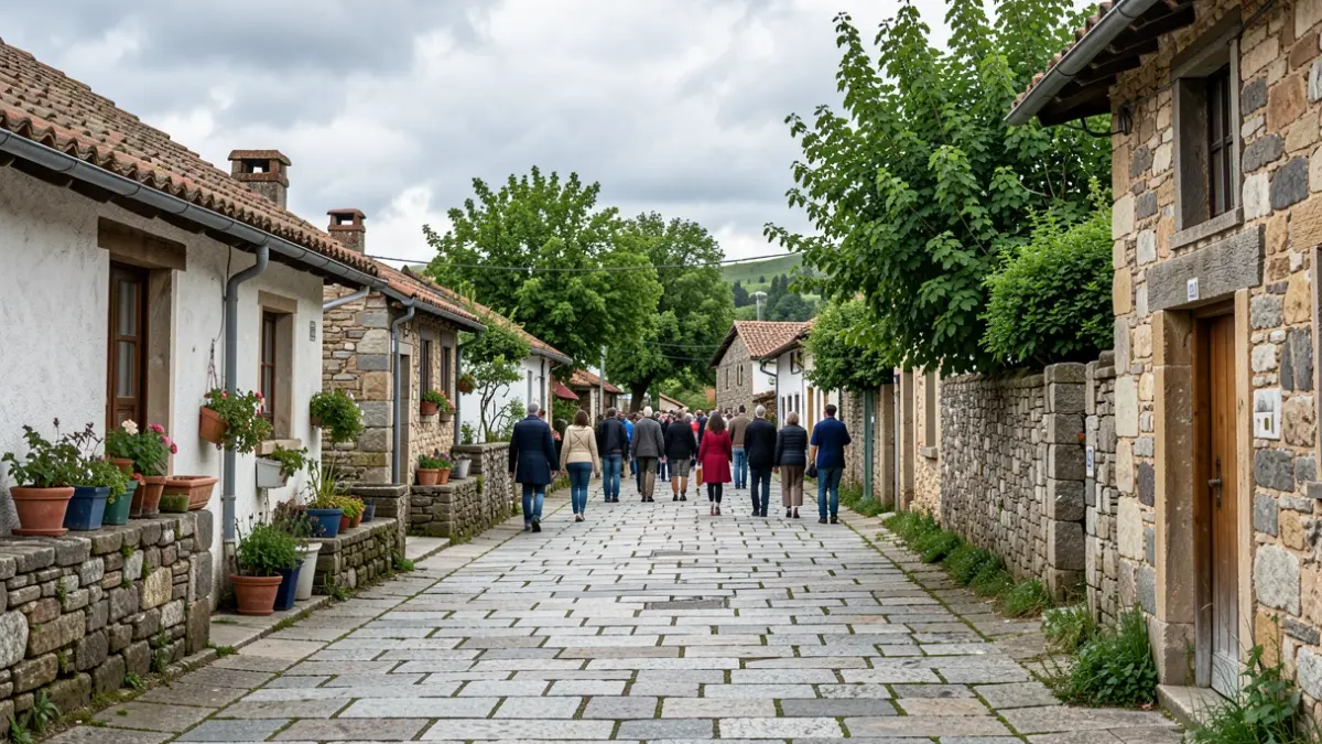 Imaxe xenérica dunha rúa rural galega con pavimentación de pedra e casas tradicionais.