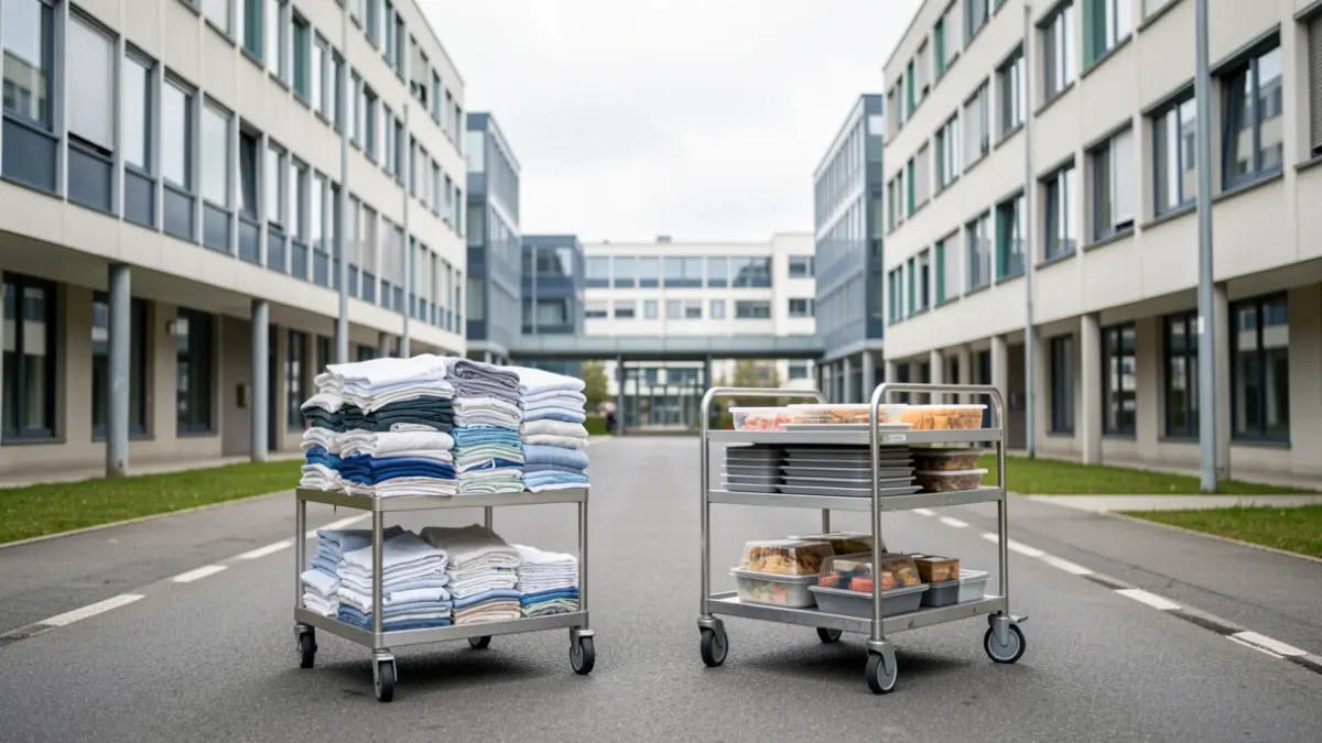 Imaxe xenérica de carros de roupa e comida entre hospitais.