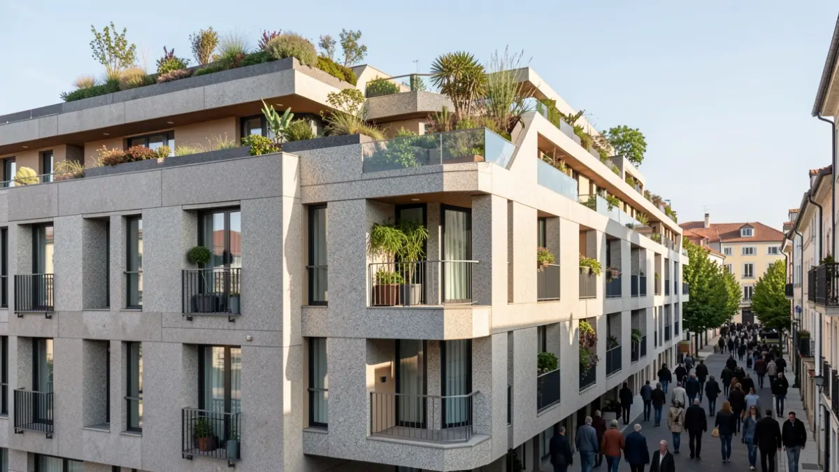 Imaxe dun edificio moderno de vivendas compartidas con elementos de granito e terraza.