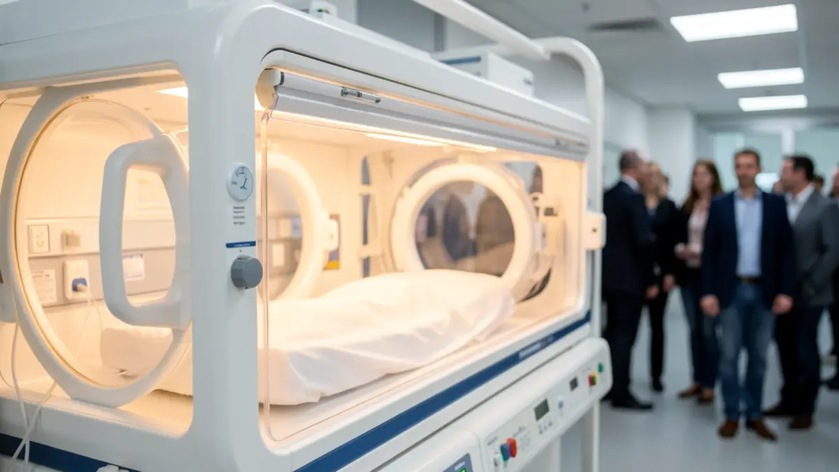 Imagen de una incubadora de transporte neonatal moderna con paneles transparentes y luz interior cálida.
