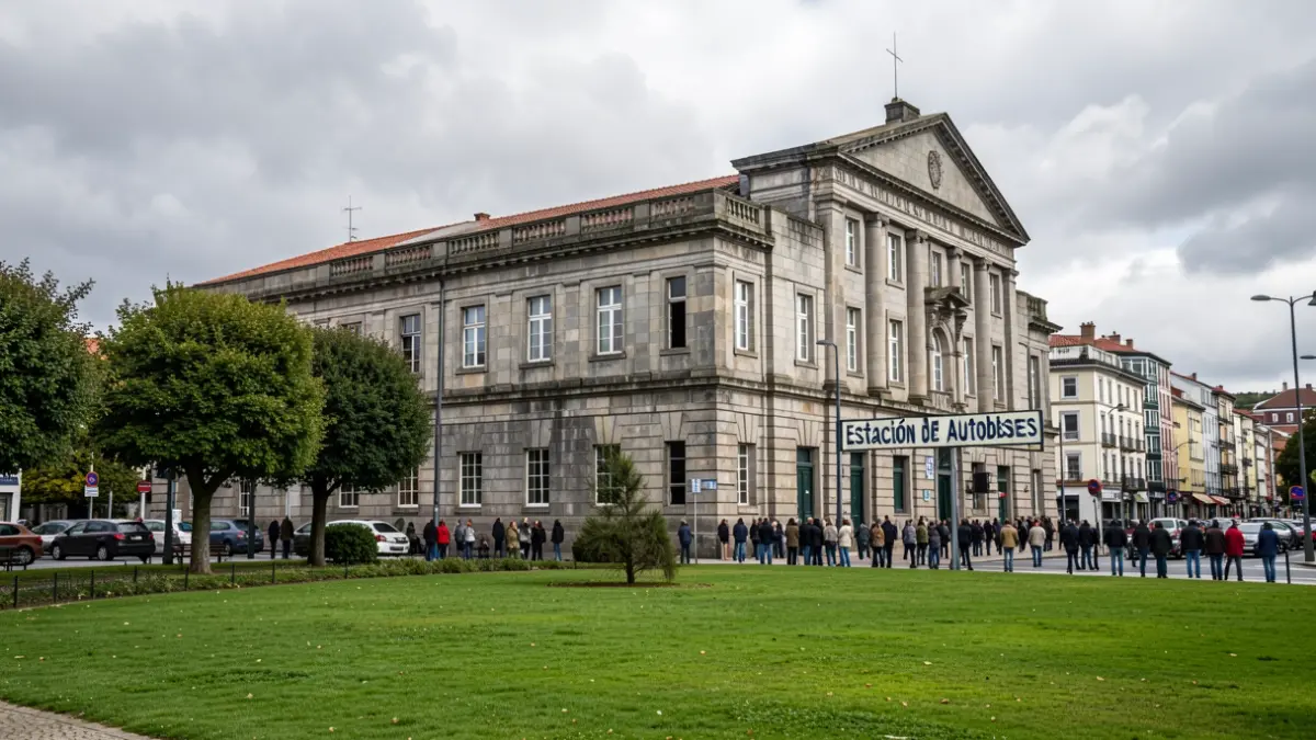 Imagen genérica de un antiguo edificio de granito que fue una estación de autobuses, rodeado de zonas verdes y calles urbanas.