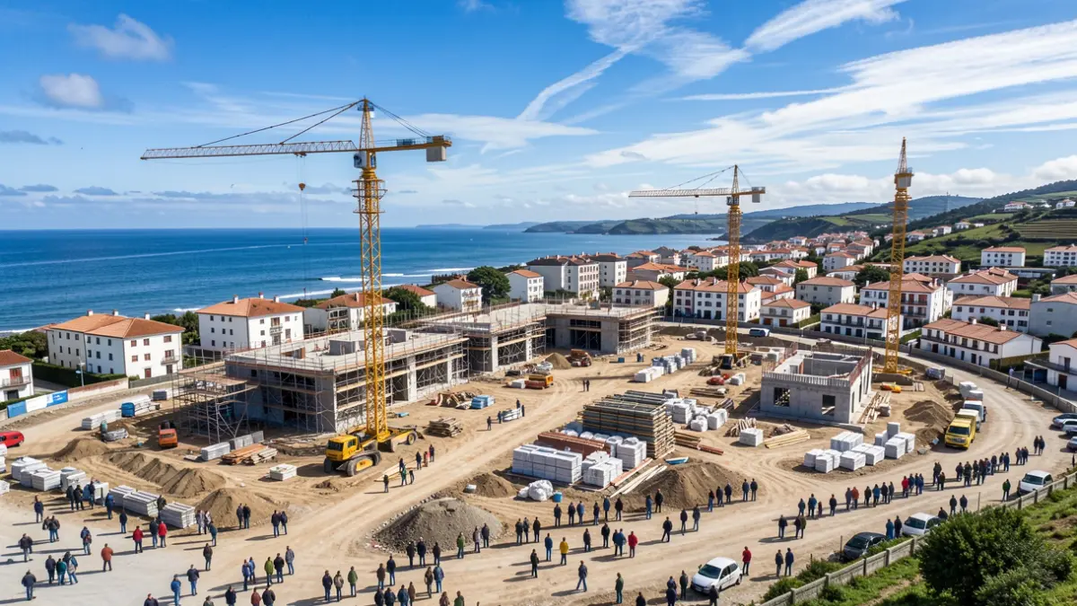 Vista aérea de una obra de construcción de viviendas públicas en Sanxenxo.
