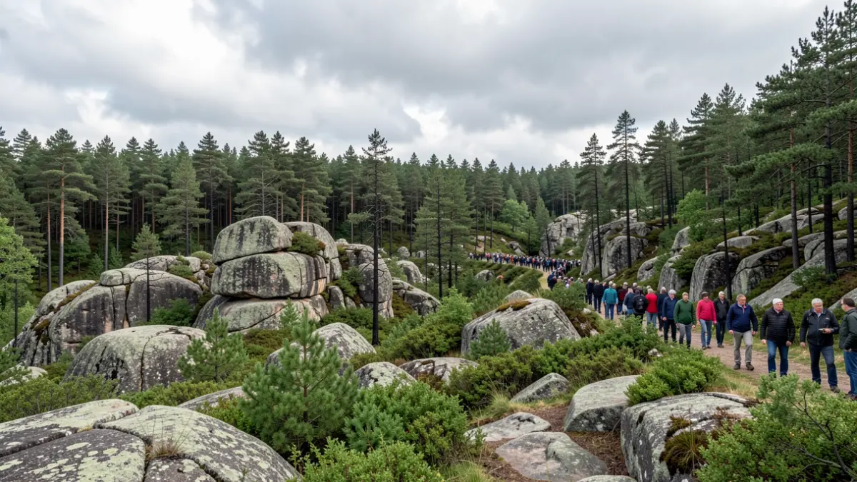 Imagen genérica de paisaje forestal gallego con rocas de granito y vegetación verde bajo un cielo nublado.